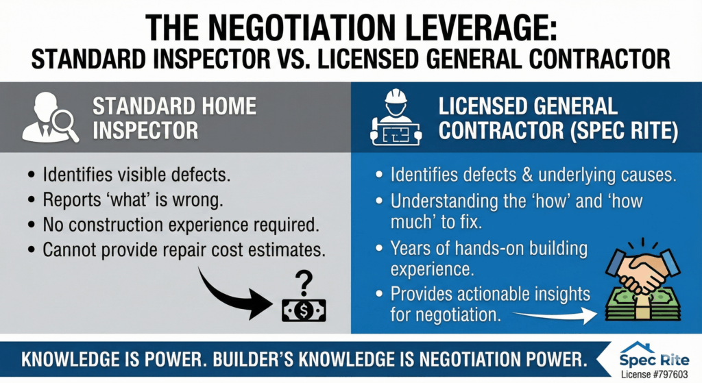 Comparison infographic showing the difference between a standard home inspector and a licensed general contractor, highlighting negotiation leverage for homebuyers